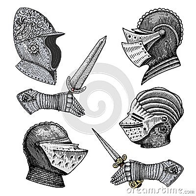 Set of medieval symbols Battle Helmets for knights or kings, vintage, engraved hand drawn in sketch or wood cut style Vector Illustration