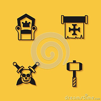 Set Medieval throne, Battle hammer, Skull with sword and Crusade icon with long shadow. Vector Vector Illustration