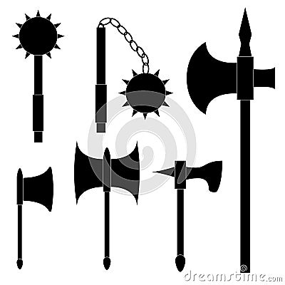 Set of medieval weapons. Axe, poleaxe, mace and kisten Vector Illustration