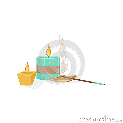 Set Of Meditaion Oriental Decorations With Scented Candles And Smoking Sticks Element Of Spa Center Health And Beauty Vector Illustration