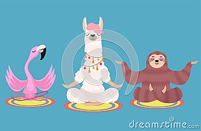 Set of meditating animals: sloth, llama and flamingo isolated on a blue background. Vector illustration. Vector Illustration