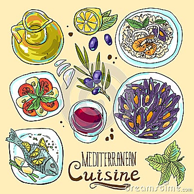 Set of mediterranean food Vector Illustration