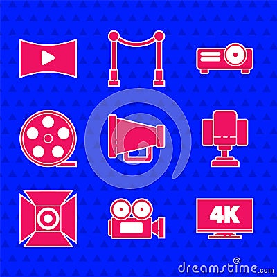 Set Megaphone, Cinema camera, Screen tv with 4k, Director movie chair, Movie spotlight, Film reel, Movie, film, media Vector Illustration