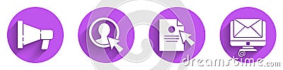 Set Megaphone, Create account screen, Document and cursor and Monitor and envelope icon with long shadow. Vector Vector Illustration