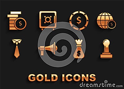 Set Megaphone, Earth globe with dollar symbol, Stamp, Money bag, Tie, Coin money, and Safe icon. Vector Vector Illustration