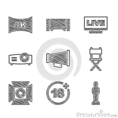 Set Megaphone, Plus 18 movie, Movie trophy, Director chair, spotlight, Movie, film, media projector, Live stream and Stock Photo