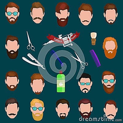 Set of men cartoon hairstyles with beards and mustache. Collection fashionable stylish . Vector illustration Vector Illustration