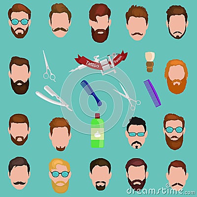 Set of men cartoon hairstyles with beards and mustache. Collection fashionable stylish . Vector illustration Vector Illustration