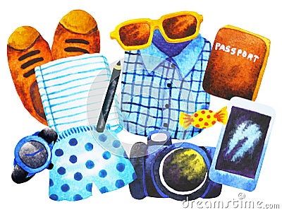 Set men clothes hipster top view watercolor painting hand drawn Cartoon Illustration
