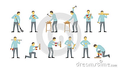 Set of men are different work-busy with drill. Hammered in with nails. Saws the tree. Team of workers handymen. Vector Illustration