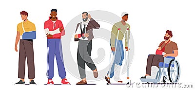 Set of Men with Fracture Isolated on White Background. Male Characters with Broken Legs and Arms Wear Bandage Vector Illustration