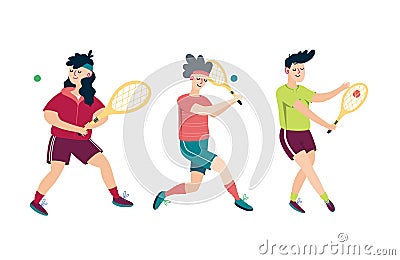 Set of men playing tennis isolated on white background Vector Illustration