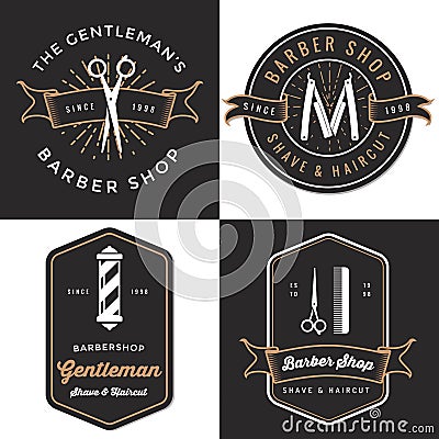 Set of men's barber shop logo, badges, label, tag design in vintage style. Shave and haircut banner. Vector Illustration