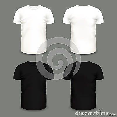 Set of men`s white and black t-shirts in front and back views. Vector Illustration