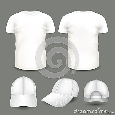 Set of men`s white t-shirt and cap in front and back views. Volumetric vector template. Vector Illustration