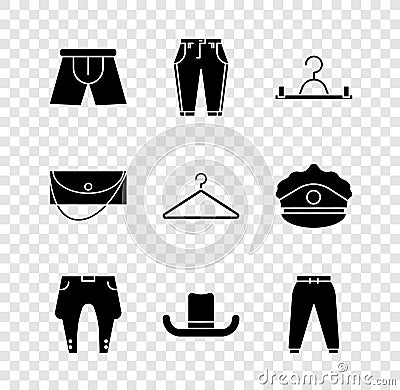Set Men underpants, Pants, Hanger wardrobe, Man hat, Sport, Clutch bag and icon. Vector Vector Illustration