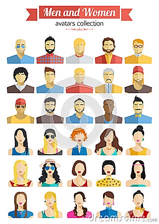 Set of Men and Women Avatars Icons. Colorful Male and Female Faces Icons Set. Flat Style Design. Vector Illustration