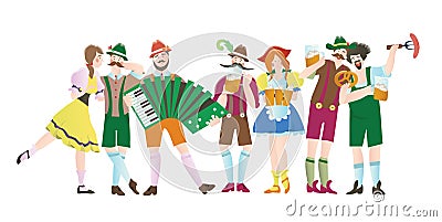 Set of men and women at Octoberfest. Characters in national costumes. Vector flat illustration for restaurant or bar Vector Illustration