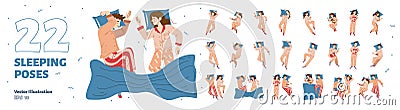 Set of men and women sleeping poses, vector bundle Vector Illustration