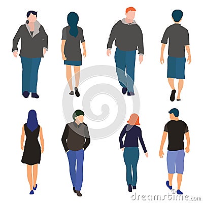 Set of men and women walking front and back view flat design Stock Photo