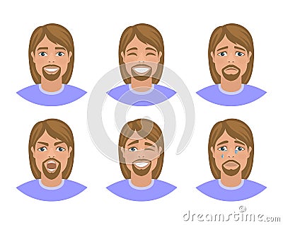 Set of mens avatars expressing various emotions: joy, sadness, laughter, tears, anger, disgust, cry. Stock Photo