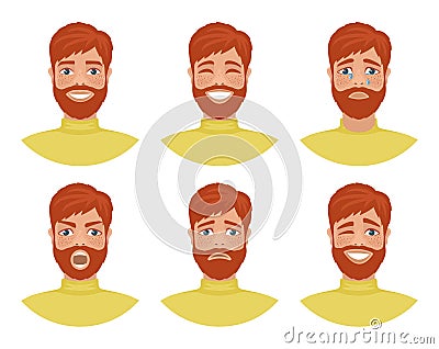 Set of mens avatars expressing various emotions: joy, sadness, laughter, tears, anger, disgust, cry. Vector Illustration