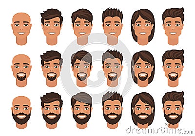 Set of mens avatars with various hairstyle: long or short hair, bald, with beard or without. Vector Illustration