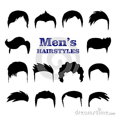 Set of Mens hairstyles. Design constructor with black silhouette fashionable mens haircut isolated on white background Vector Illustration