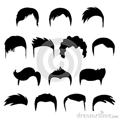 Set of Mens hairstyles. Design constructor with black silhouette fashionable mens haircut isolated on white background Cartoon Illustration