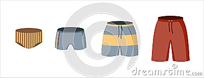 A set of mens underpants and swimming trunks. Striped shorts, boxers and shorts for swimming. Vector illustration in a Vector Illustration