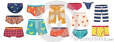 Set of Mens Underpants, Underwear Clothing Design. Swimming Trunks, Briefs and Panties. Male Everyday Clothes Vector Illustration