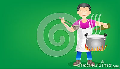 Set of the merchant cooking food. a man stand hold and pouring the bottle of flavoring to boiled pot in left hand and right Vector Illustration