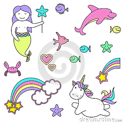 Set of mermaid icons and unicorn with rainbow, vector illustration of stickers magic creatures Cartoon Illustration