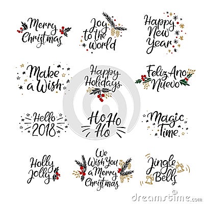 Set of Merry christmas and Happy New Year cards. Modern calligraphy. Hand lettering for greeting cards, photo overlays Vector Illustration