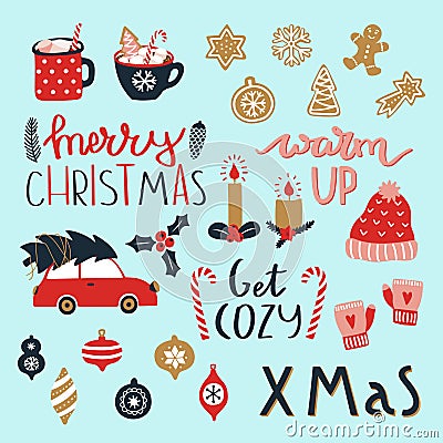 Set of Merry Christmas and Happy New Year elements. Cozy winter season. Vector Illustration
