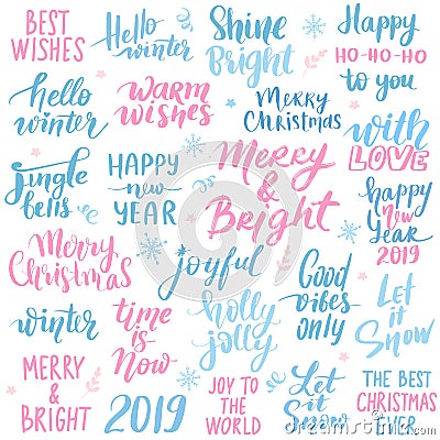 Set Merry Christmas and Happy New Year 2019 Vector hand drawn lettering phrases Vector Illustration