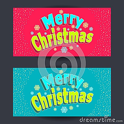 Set Merry Christmas horizontal banners in cartoon style on red and on blue Vector Illustration