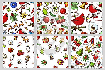 Set of Merry Christmas and New Year seamless pattern, xmas elements with animals and Santa Claus. engraved hand drawn in Vector Illustration