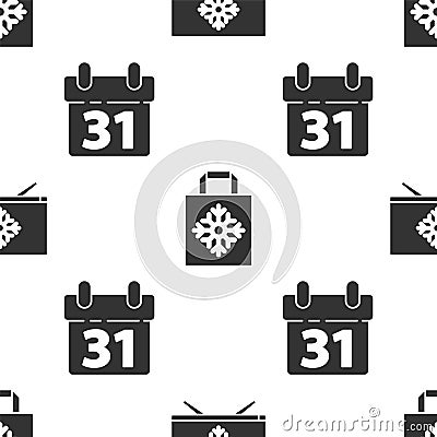 Set Merry Christmas on television, Christmas paper shopping bag and Calendar on seamless pattern Stock Photo