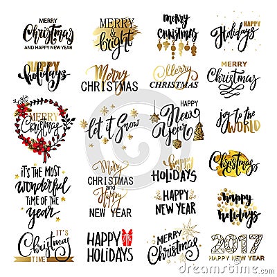 Set of Merry Christmas text, hand drawn lettering and Happy New Year typography design. Vector Illustration