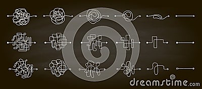 Set of messy clew symbols line of symbols with scribbled round element, consept of transition from complicated to simple, isolated Cartoon Illustration