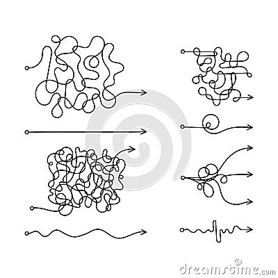 Set of messy line like hard and easy way. Flat linear. Art graphic random quiz design ball element. Concept of true and false path Cartoon Illustration