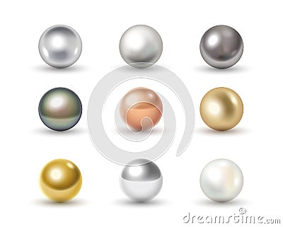 Set of metal balls: golden, chrome, silver, bronze and white 3d spheres isolated Vector Illustration
