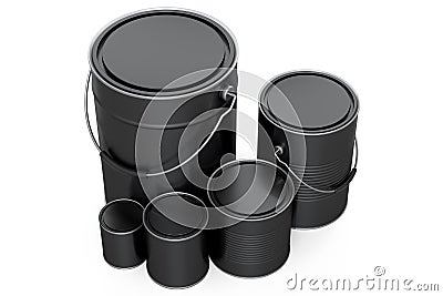 Set of metal can or buckets of paint in row pattern on white background. Stock Photo