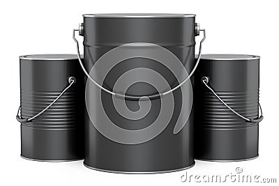 Set of metal can or buckets of paint in row pattern on white background. Stock Photo