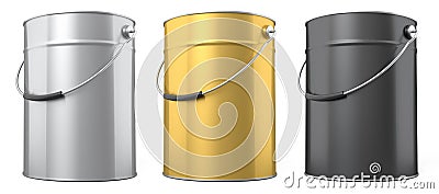 Set of metal cans or buckets of paint with handle on white background. Stock Photo