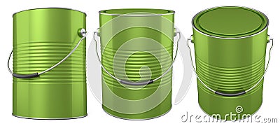 Set of metal cans or buckets of paint with handle on white background. Stock Photo