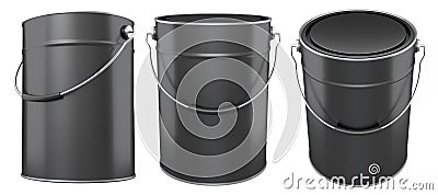 Set of metal cans or buckets of paint with handle on white background. Stock Photo