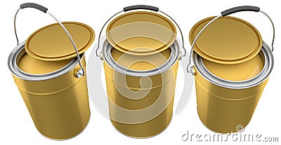 Set of metal cans or buckets of paint with handle on white background. Stock Photo