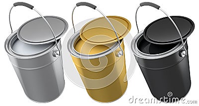Set of metal cans or buckets of paint with handle on white background. Stock Photo
